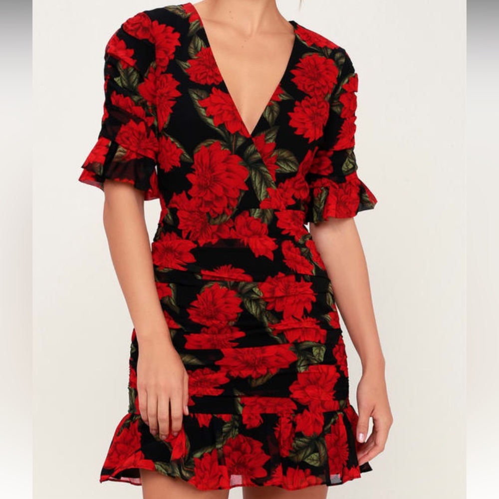 🆕 Keepsake The Label Find You Black Dahlia Dark Floral Print Ruched Mini Dress 6